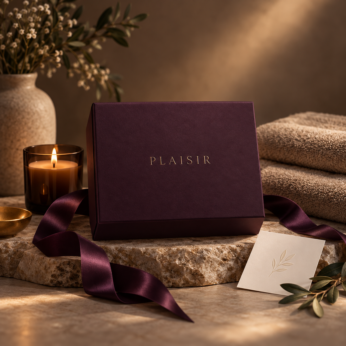 A Plaisir gift box with a candle and linen
