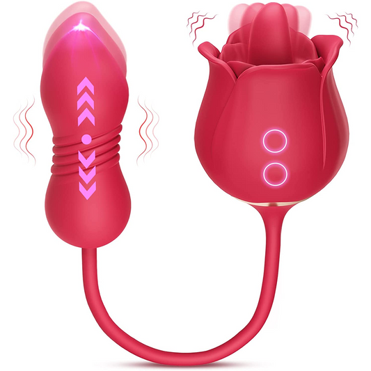 Rose Vibrator for Women with Tongue Licking & Thrusting Dildo - 4-in-1 Remote Control