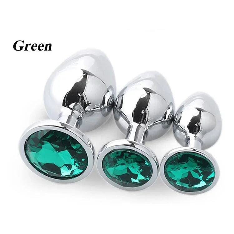 Plaisir Jeweled Butt Plug Set - 3 Piece Stainless Steel Anal Trainer Kit with Round Shaped Gem