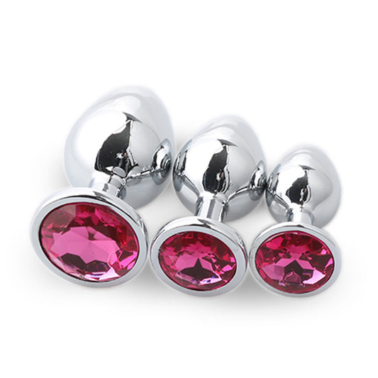 Plaisir Jeweled Butt Plug Set - 3 Piece Stainless Steel Anal Trainer Kit with Round Shaped Gem