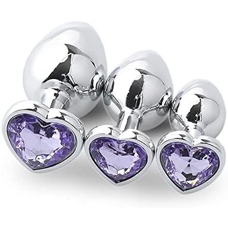 Plaisir Heart Jeweled Butt Plug Set - 3 Piece Stainless Steel Anal Trainer Kit with Heart Shaped Gem