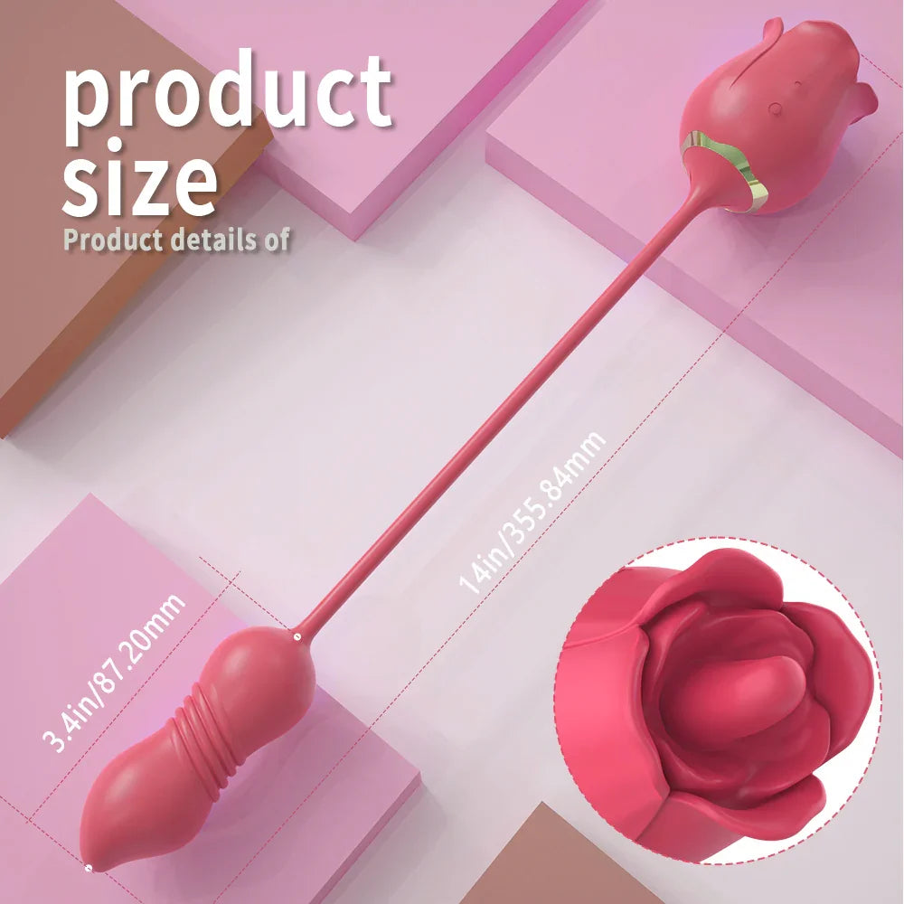 Rose Vibrator for Women with Tongue Licking & Thrusting Dildo - 4-in-1 Remote Control