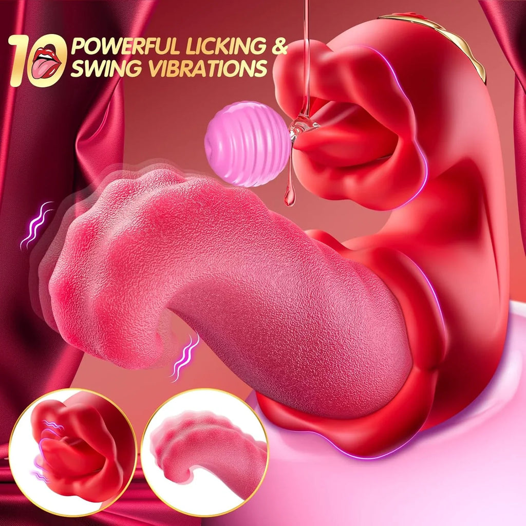 Rose Toy Vibrator for Women - Tongue Licking Clitoral Stimulator & Thrusting G Spot Dildo with 10 Modes