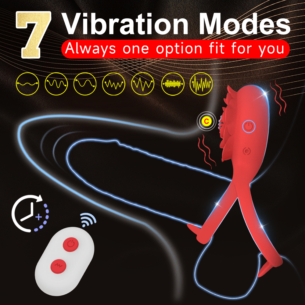 Vibrating Cock Ring with Rose Clitoral Stimulator, Remote Controlled