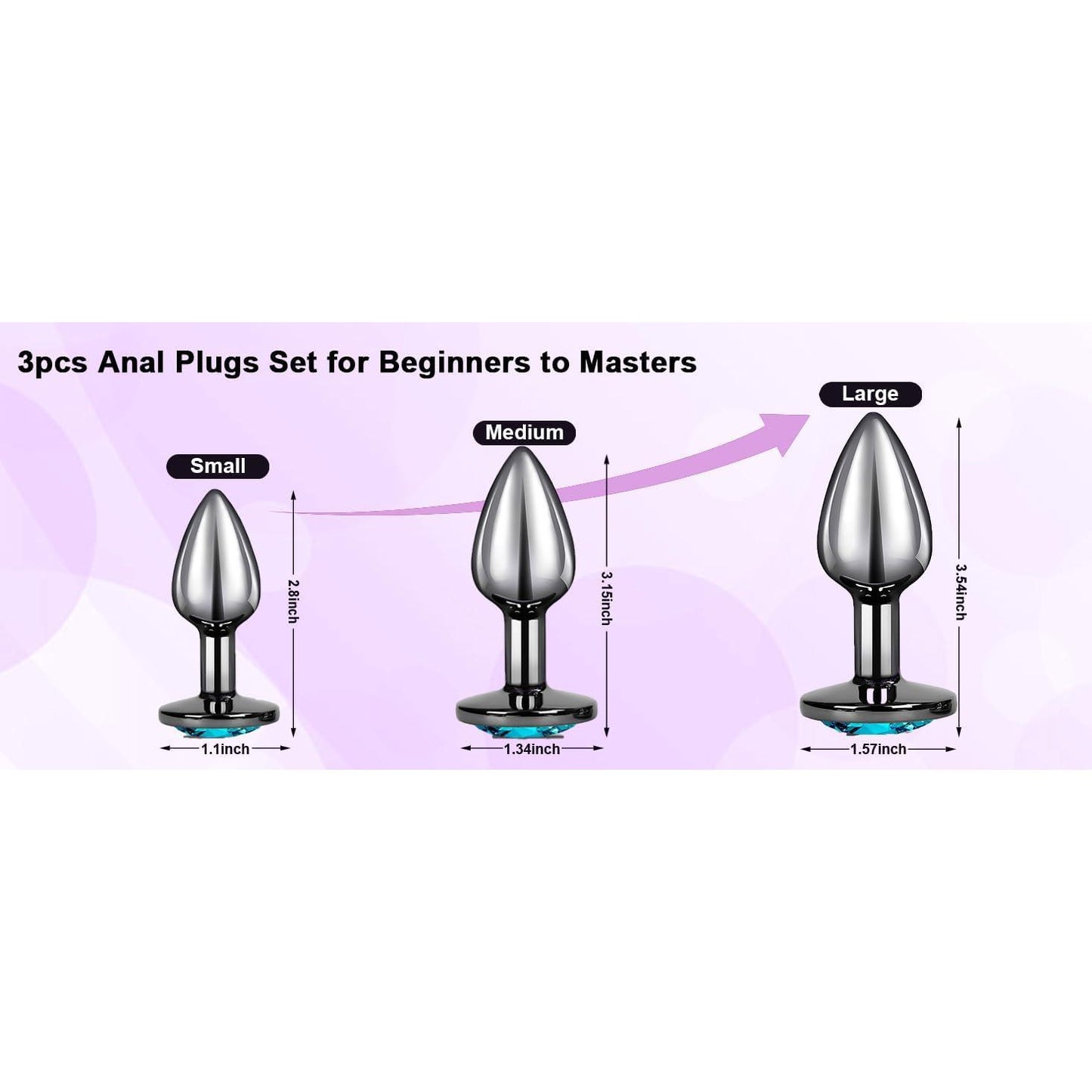 Plaisir Heart Jeweled Butt Plug Set - 3 Piece Stainless Steel Anal Trainer Kit with Heart Shaped Gem