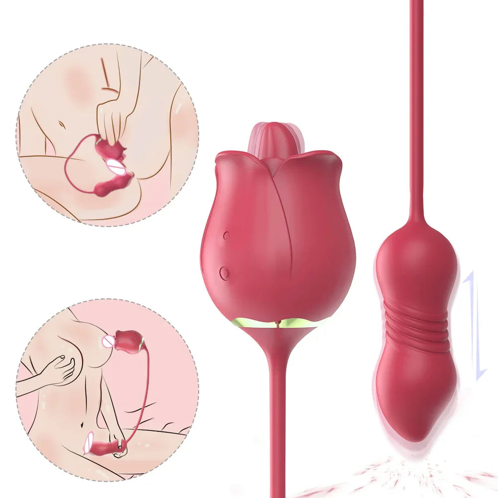 Rose Vibrator for Women with Tongue Licking & Thrusting Dildo - 4-in-1 Remote Control