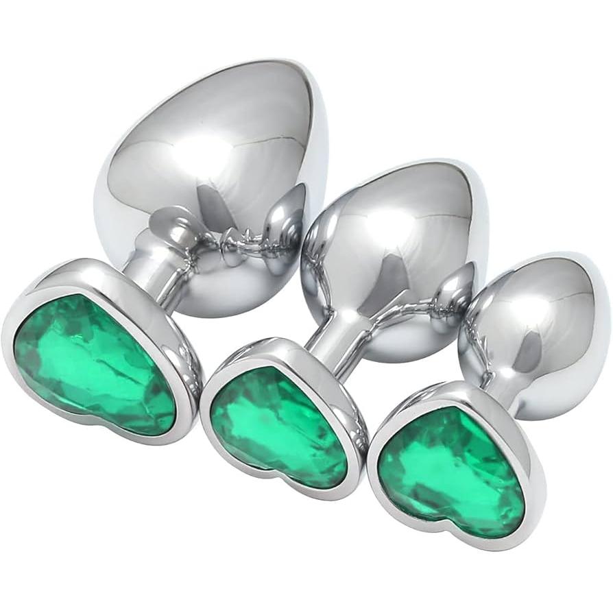 Plaisir Heart Jeweled Butt Plug Set - 3 Piece Stainless Steel Anal Trainer Kit with Heart Shaped Gem