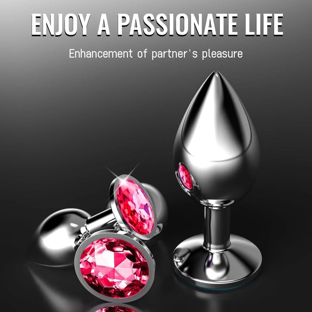Plaisir Jeweled Butt Plug Set - 3 Piece Stainless Steel Anal Trainer Kit with Round Shaped Gem