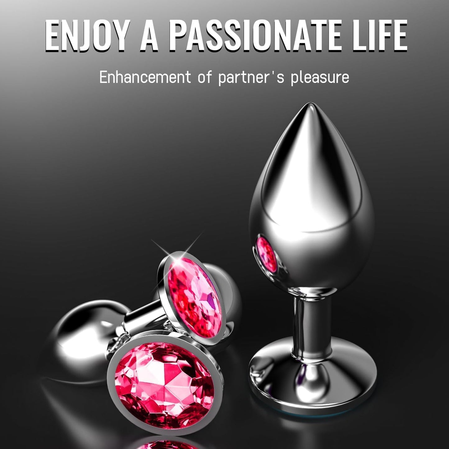 Plaisir Jeweled Butt Plug Set - 3 Piece Stainless Steel Anal Trainer Kit with Round Shaped Gem