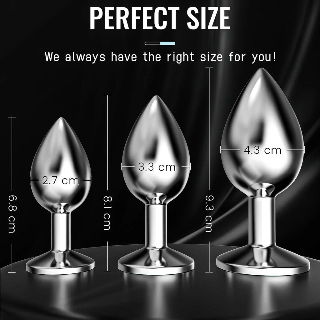 Plaisir Jeweled Butt Plug Set - 3 Piece Stainless Steel Anal Trainer Kit with Round Shaped Gem