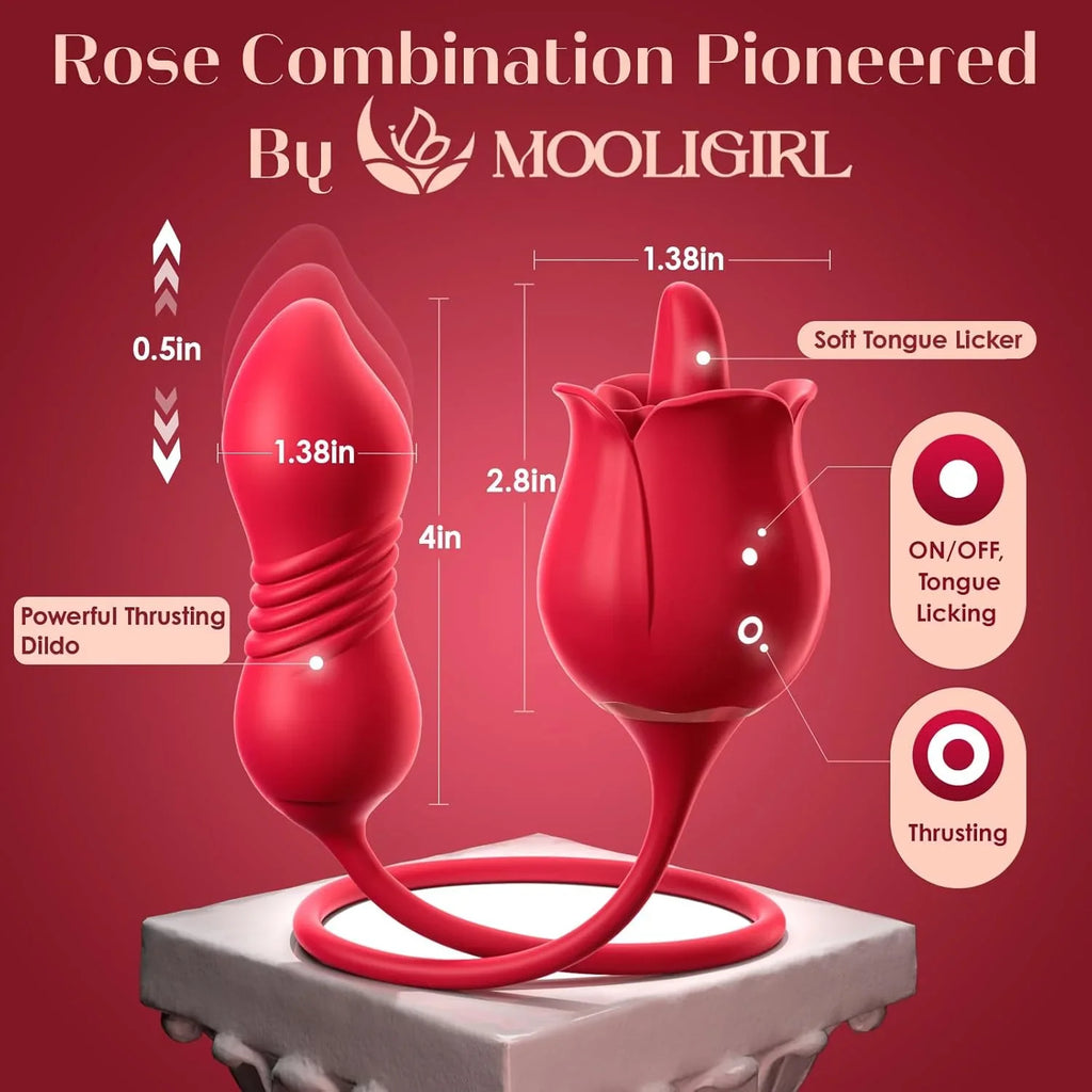 Rose Vibrator for Women with Tongue Licking & Thrusting Dildo - 4-in-1 Remote Control