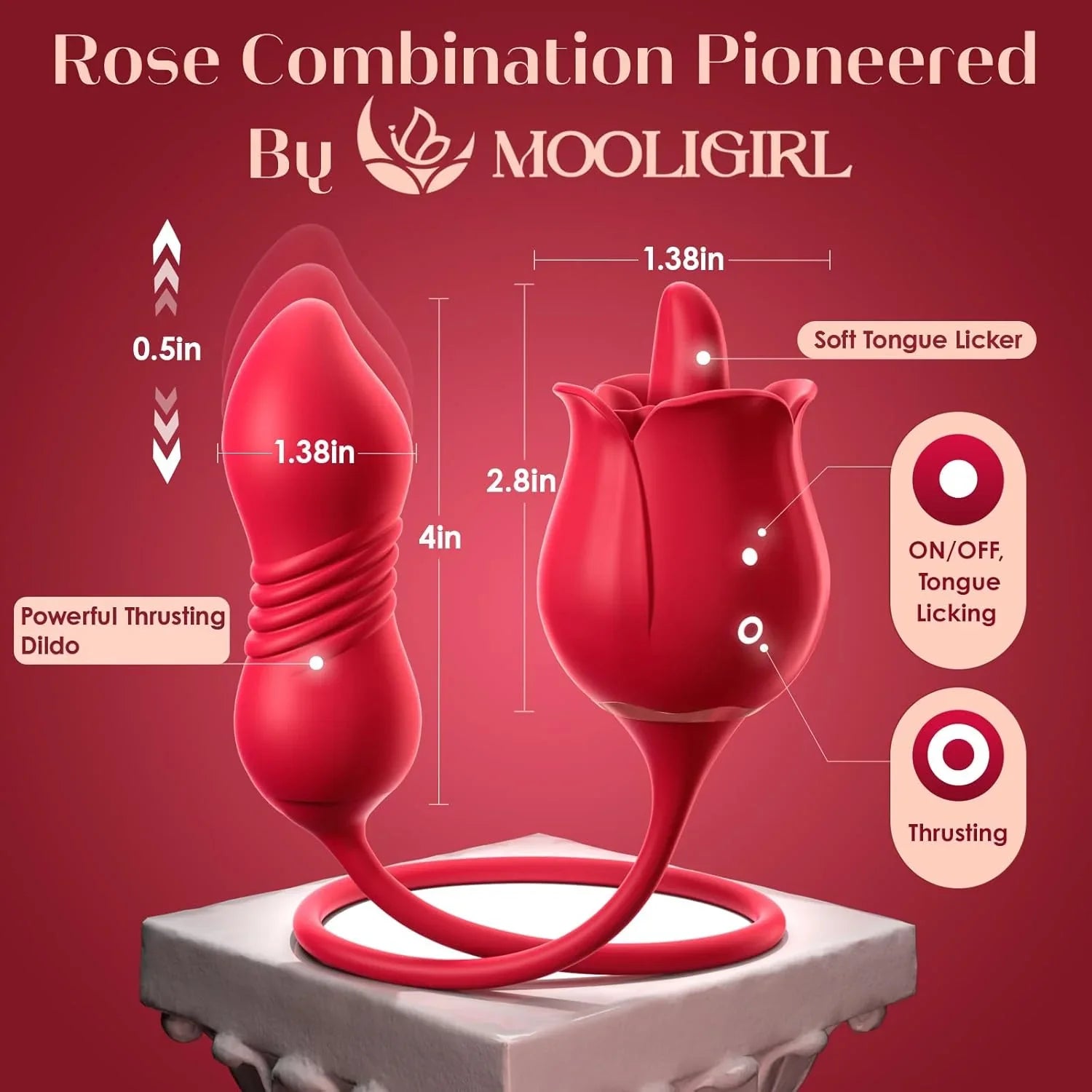 Rose Vibrator for Women with Tongue Licking & Thrusting Dildo - 4-in-1 Remote Control