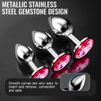 Plaisir Jeweled Butt Plug Set - 3 Piece Stainless Steel Anal Trainer Kit with Round Shaped Gem