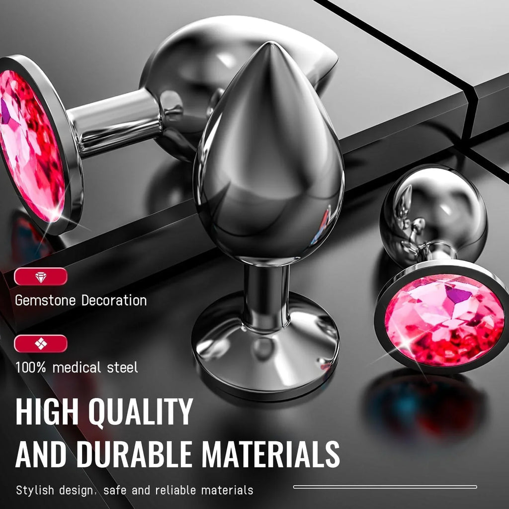 Plaisir Jeweled Butt Plug Set - 3 Piece Stainless Steel Anal Trainer Kit with Round Shaped Gem