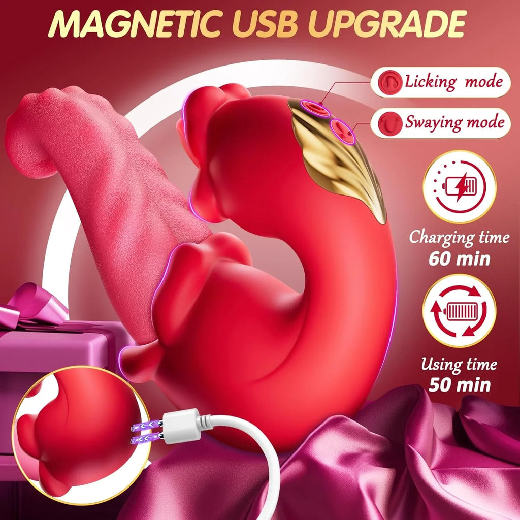Rose Toy Vibrator for Women - Tongue Licking Clitoral Stimulator & Thrusting G Spot Dildo with 10 Modes