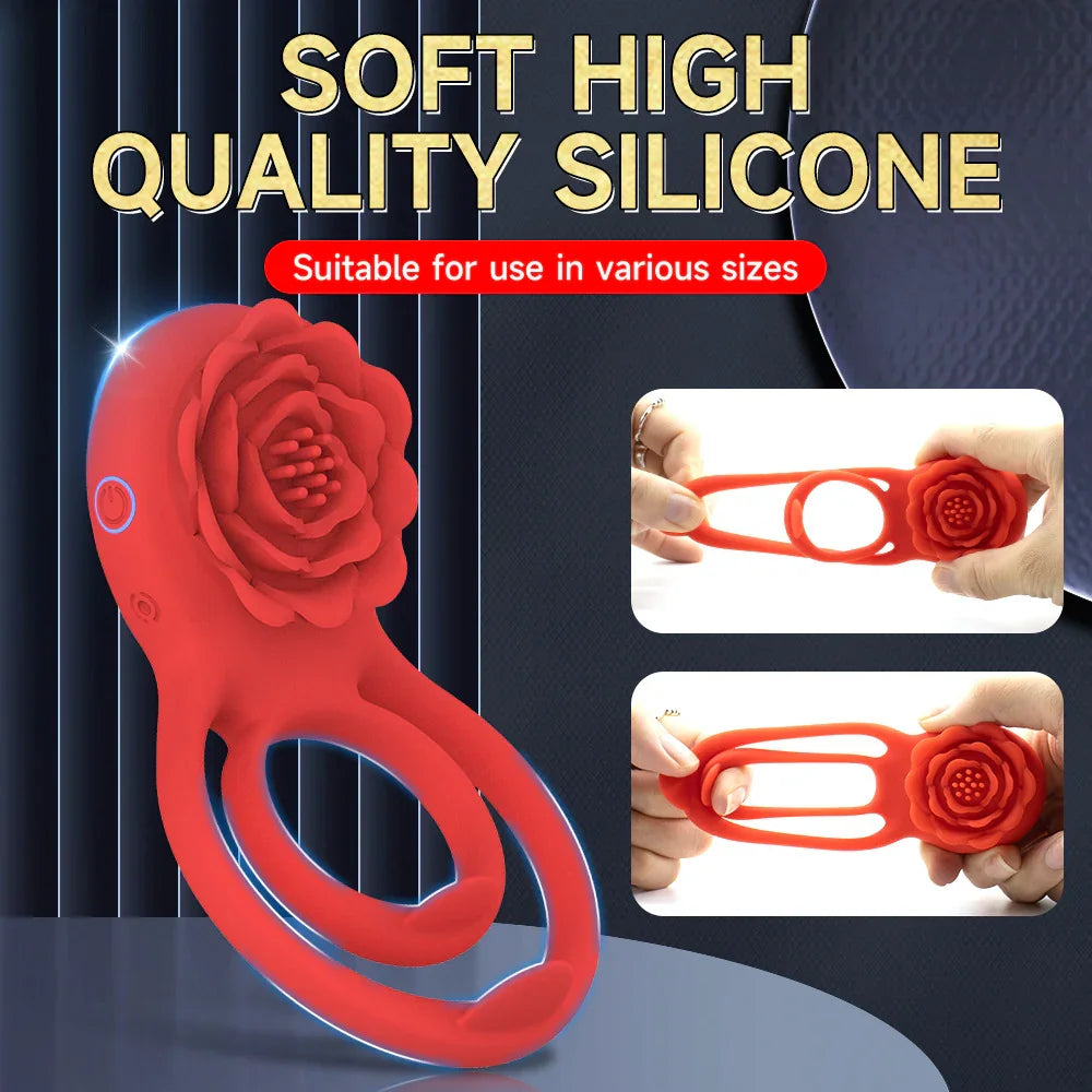 Vibrating Cock Ring with Rose Clitoral Stimulator, Remote Controlled