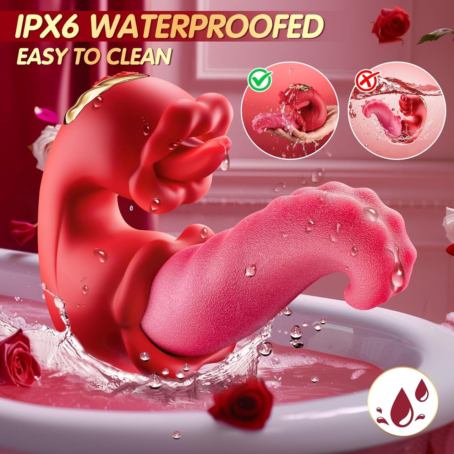 Rose Toy Vibrator for Women - Tongue Licking Clitoral Stimulator & Thrusting G Spot Dildo with 10 Modes