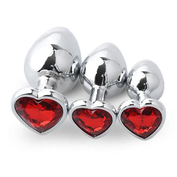 Plaisir Heart Jeweled Butt Plug Set - 3 Piece Stainless Steel Anal Trainer Kit with Heart Shaped Gem