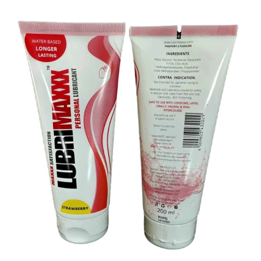 Lubrimaxxx Strawberry Water-Based Lube, front and back