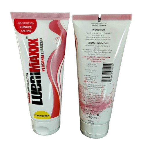 Lubrimaxxx Strawberry Water-Based Lube, front and back