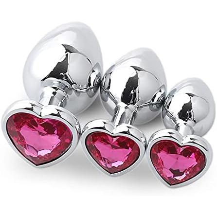 Plaisir Heart Jeweled Butt Plug Set - 3 Piece Stainless Steel Anal Trainer Kit with Heart Shaped Gem