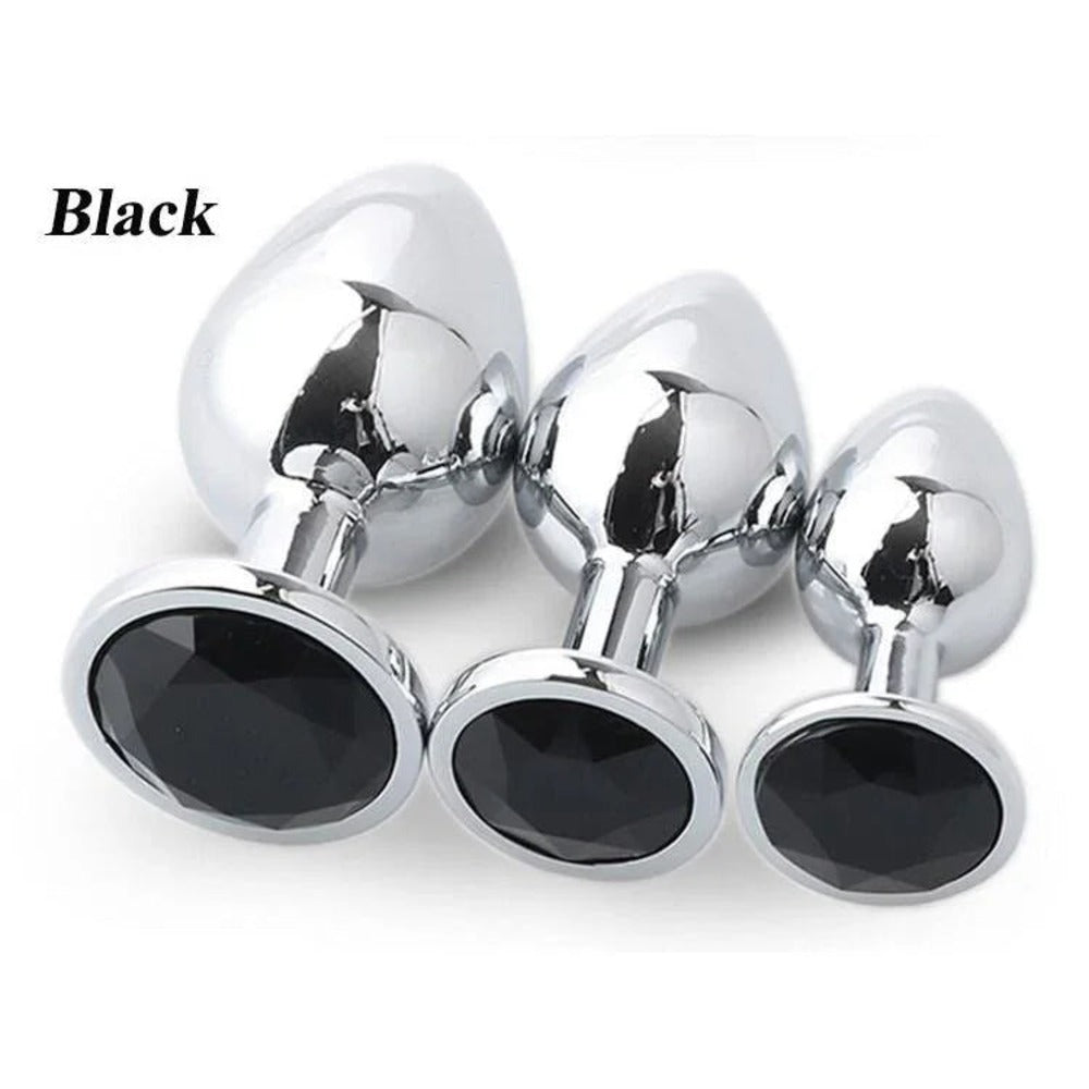 Plaisir 3-piece stainless steel butt plug set with round gem – view 10