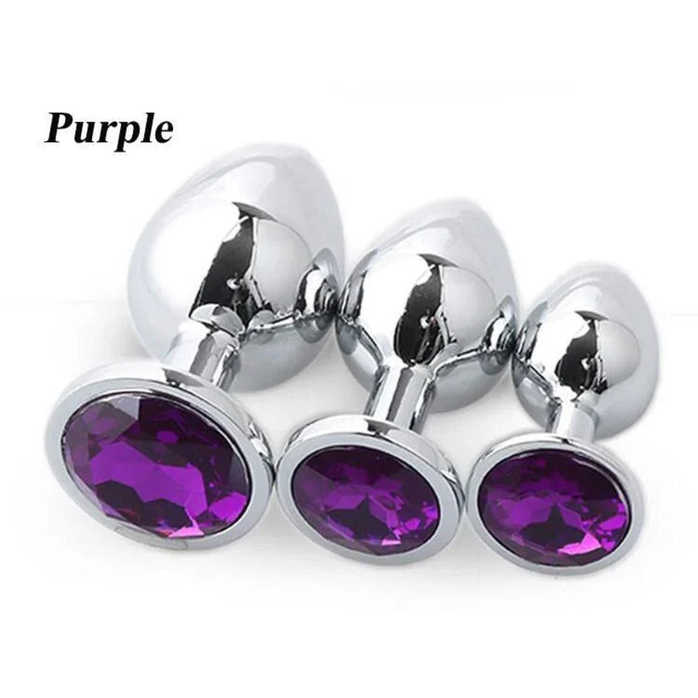 Plaisir 3-piece stainless steel butt plug set with round gem – view 12