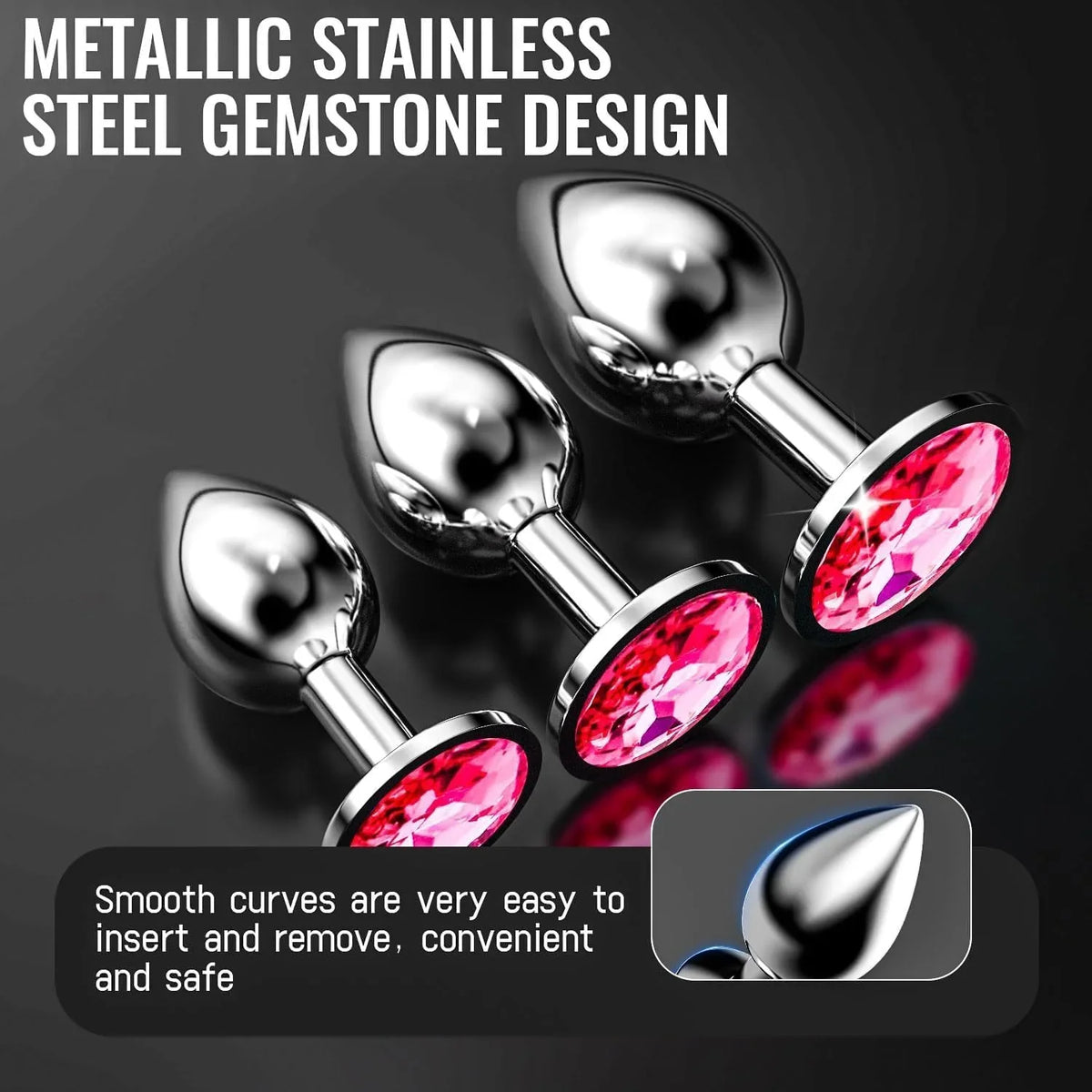 Plaisir 3-piece stainless steel butt plug set with round gem – view 5