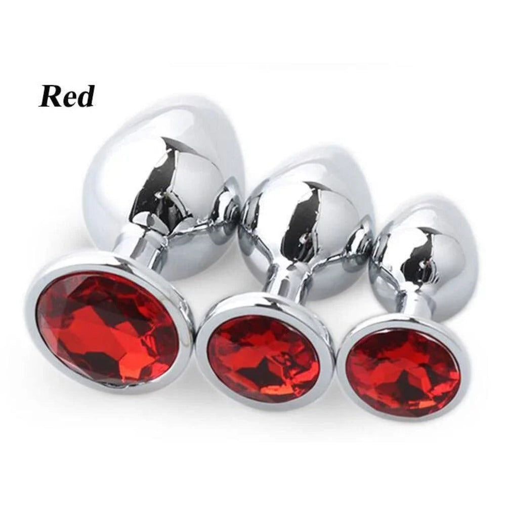 Plaisir 3-piece stainless steel butt plug set with round gem – view 9