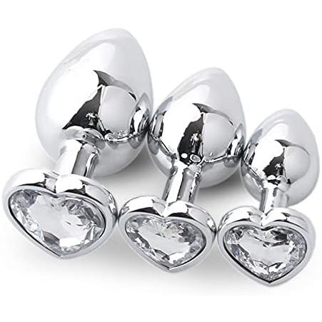 Plaisir Heart Jeweled Butt Plug Set - 3 Piece Stainless Steel Anal Trainer Kit with Heart Shaped Gem